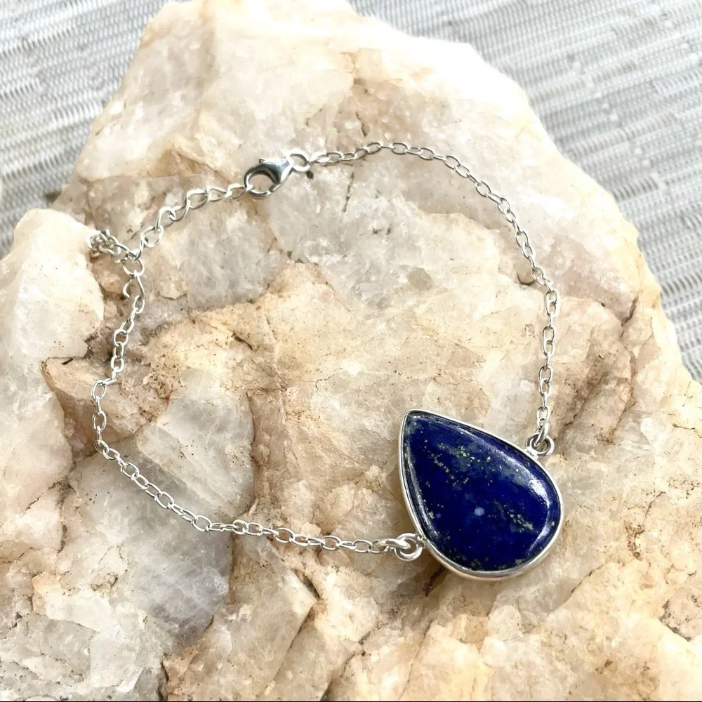 Lapis Lazuli 925 Sterling Silver chain bracelet - Picture 1 of 9